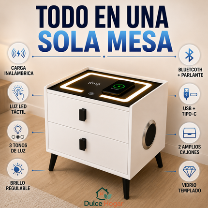 Mesa de Luz Inteligente con Carga Inalámbrica, Bluetooth y LED