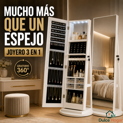 Espejo Joyero 3 en 1 Giratorio 360° | Organizador de Joyas, Maquillaje y Accesorios
