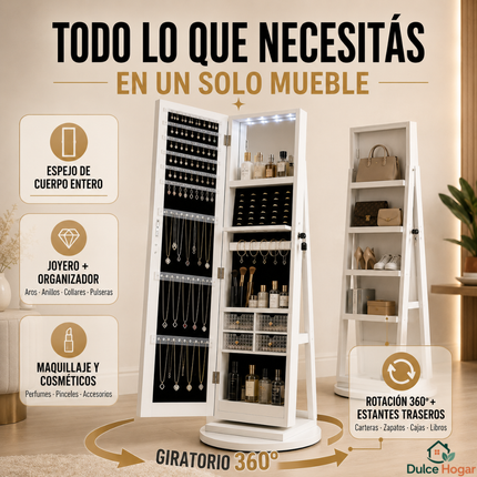 Espejo Joyero 3 en 1 Giratorio 360° | Organizador de Joyas, Maquillaje y Accesorios